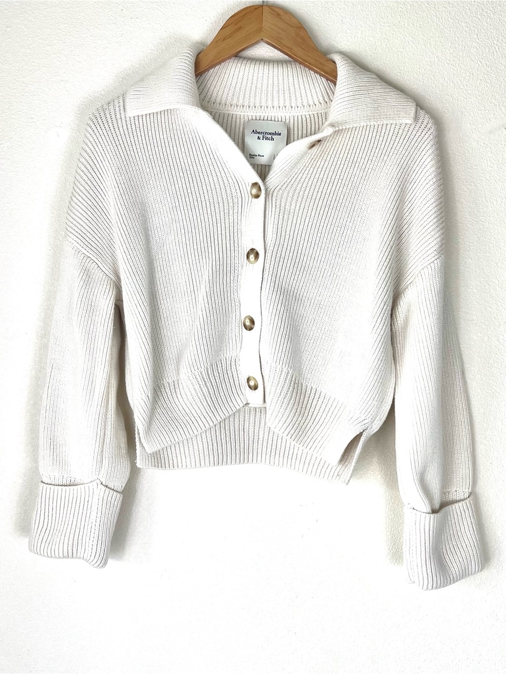 Abercrombie & Fitch Cream Collared Button-Front Ribbed Cardigan